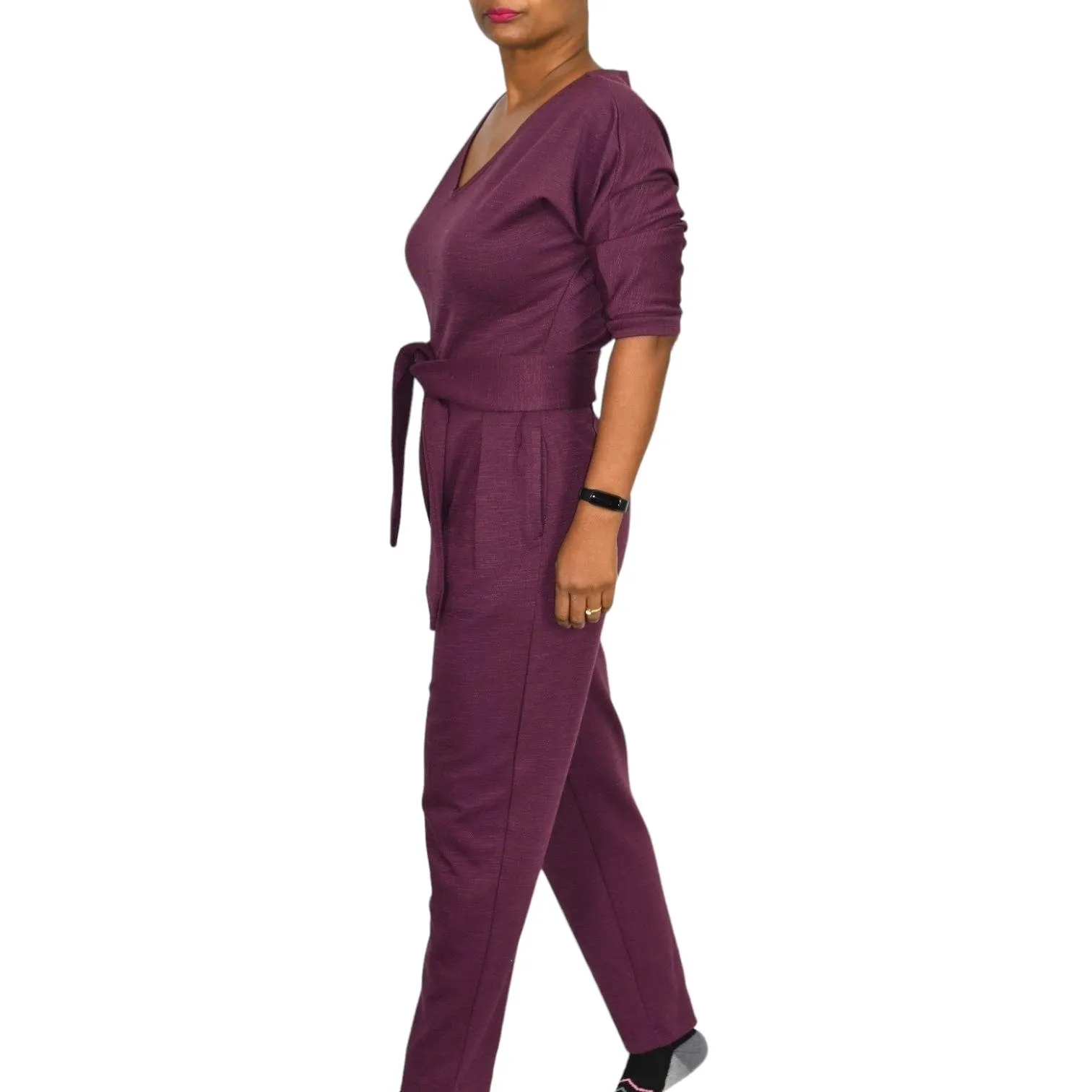 Anthropologie Sutton Jumpsuit Purple Plum Berry Ponte Knit Relaxed Belted Pants Size XS