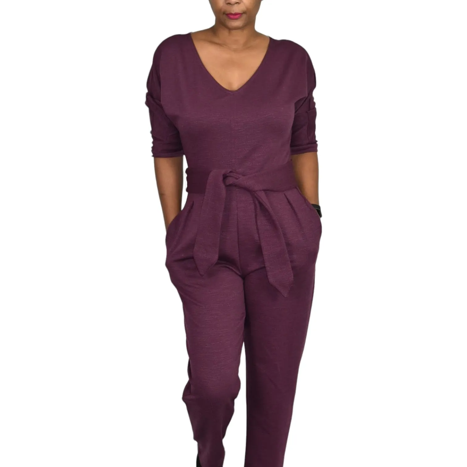 Anthropologie Sutton Jumpsuit Purple Plum Berry Ponte Knit Relaxed Belted Pants Size XS