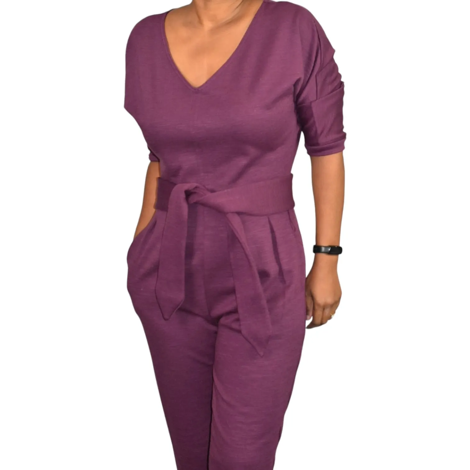 Anthropologie Sutton Jumpsuit Purple Plum Berry Ponte Knit Relaxed Belted Pants Size XS