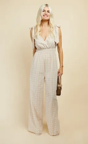 Beige Check Tie Strap Jumpsuit