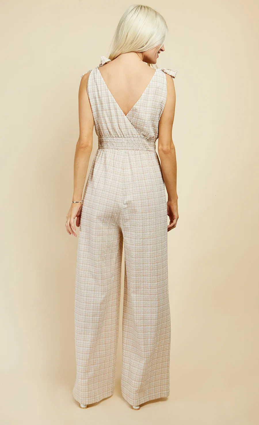 Beige Check Tie Strap Jumpsuit