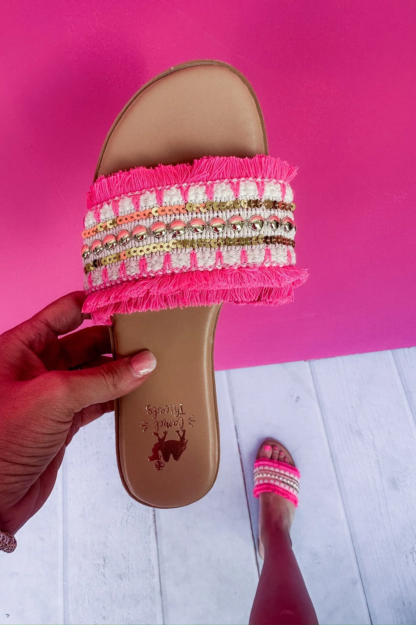 Boho Woven Fringe Camel Threads Sandal in Pink