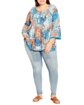 Cataline Boho Print Shirred Top | Azure Blue / Orange