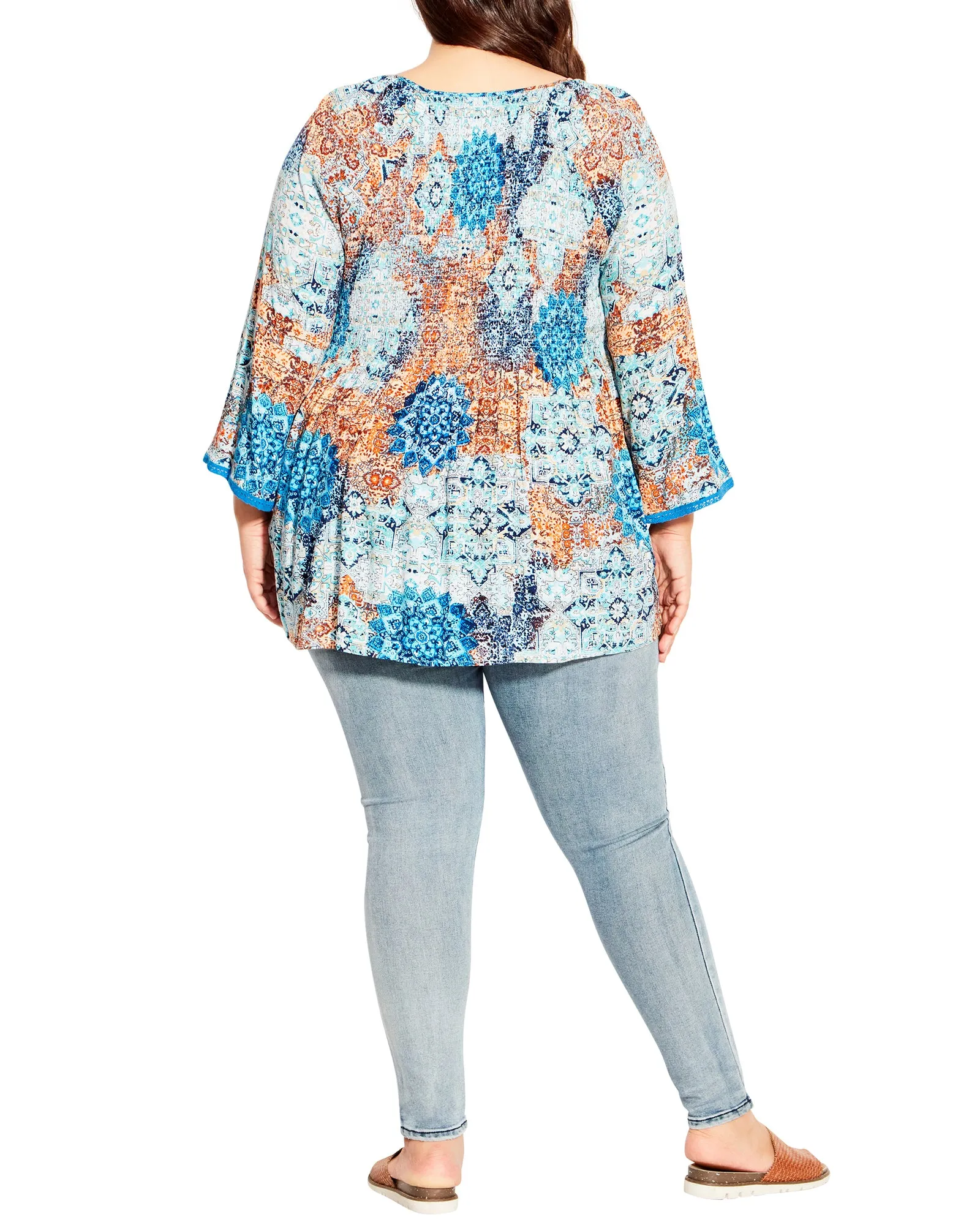 Cataline Boho Print Shirred Top | Azure Blue / Orange