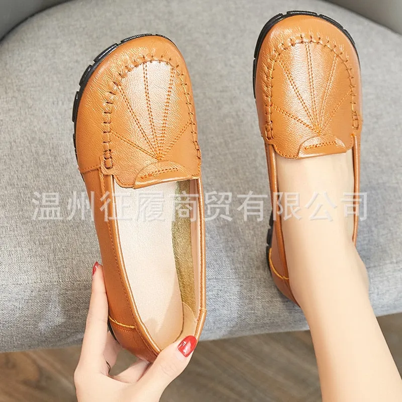 Hnzxzm 100% Genuine Leather Shoes Women Loafers Soft Comfortable Cow Leather Women Flats Brand Ladies Casual Shoes Plus Size 41 A4397