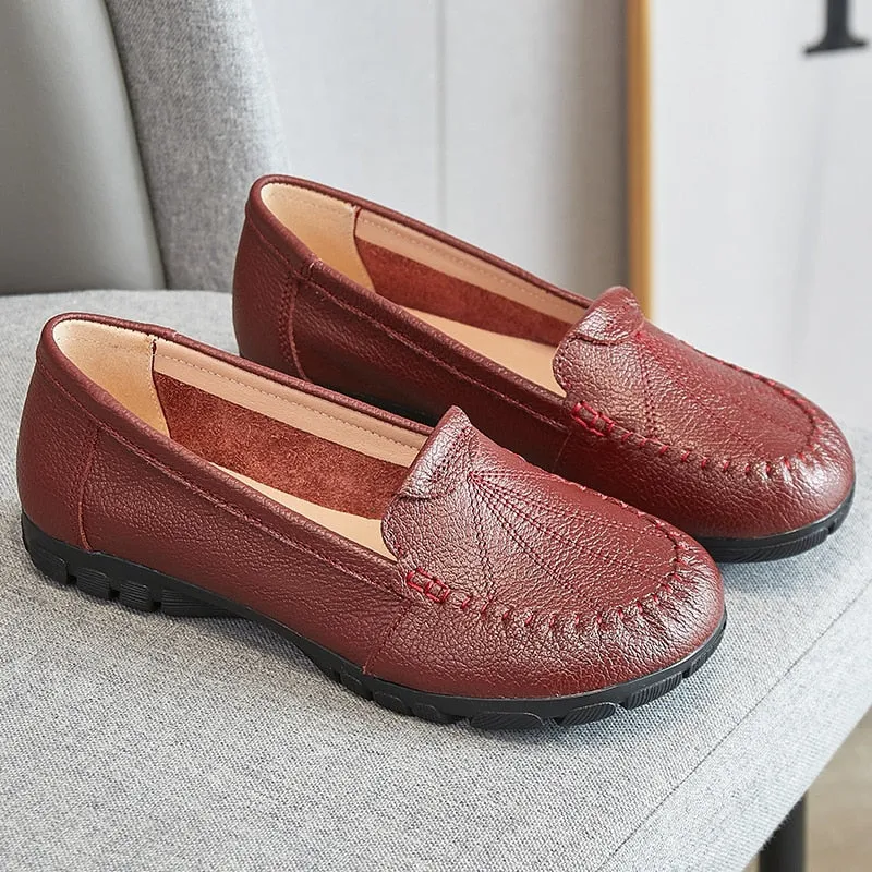 Hnzxzm 100% Genuine Leather Shoes Women Loafers Soft Comfortable Cow Leather Women Flats Brand Ladies Casual Shoes Plus Size 41 A4397