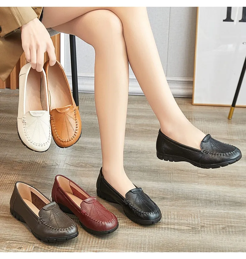 Hnzxzm 100% Genuine Leather Shoes Women Loafers Soft Comfortable Cow Leather Women Flats Brand Ladies Casual Shoes Plus Size 41 A4397