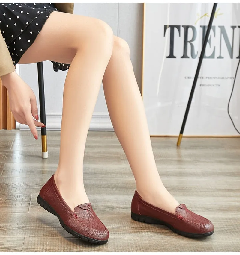 Hnzxzm 100% Genuine Leather Shoes Women Loafers Soft Comfortable Cow Leather Women Flats Brand Ladies Casual Shoes Plus Size 41 A4397