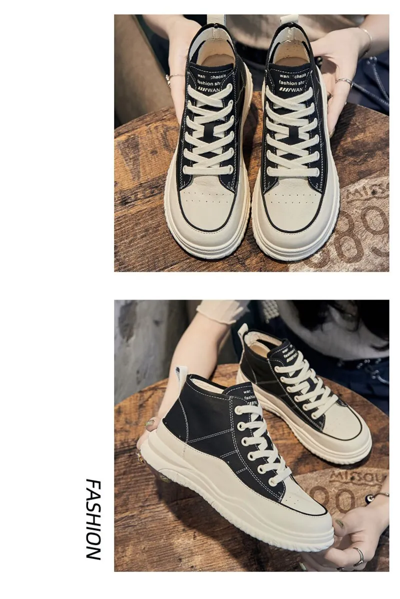 Hnzxzm 100% Genuine Leather Shoes Women Sneakers High top Woman Casual Shoes Thick Sole Black White Green Soft Cow Leather Shoes A4755