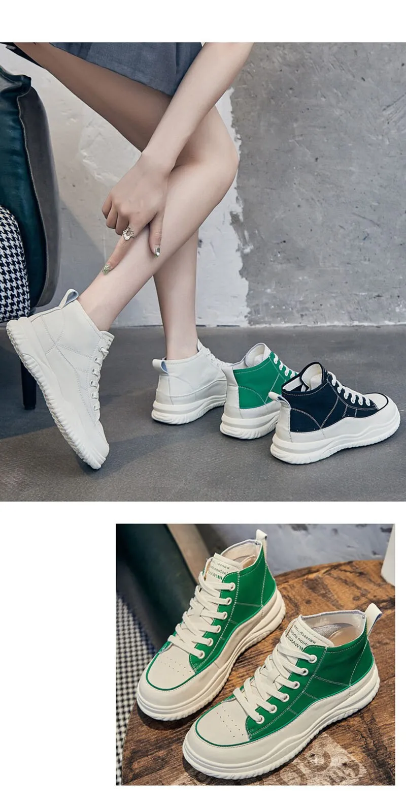 Hnzxzm 100% Genuine Leather Shoes Women Sneakers High top Woman Casual Shoes Thick Sole Black White Green Soft Cow Leather Shoes A4755