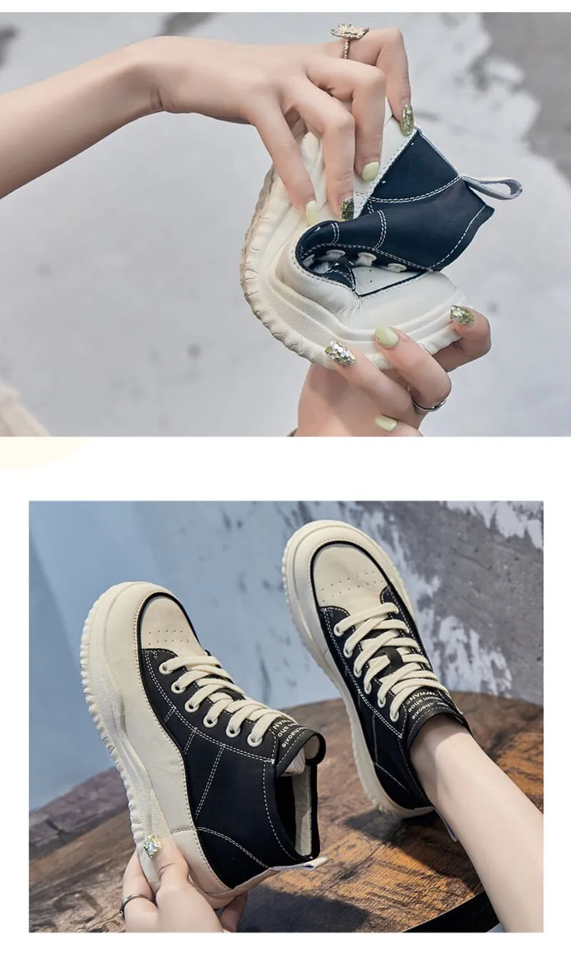 Hnzxzm 100% Genuine Leather Shoes Women Sneakers High top Woman Casual Shoes Thick Sole Black White Green Soft Cow Leather Shoes A4755