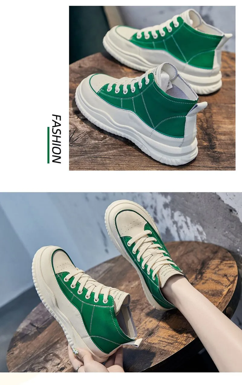 Hnzxzm 100% Genuine Leather Shoes Women Sneakers High top Woman Casual Shoes Thick Sole Black White Green Soft Cow Leather Shoes A4755