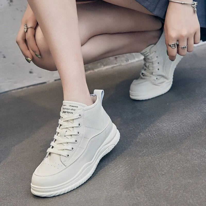 Hnzxzm 100% Genuine Leather Shoes Women Sneakers High top Woman Casual Shoes Thick Sole Black White Green Soft Cow Leather Shoes A4755