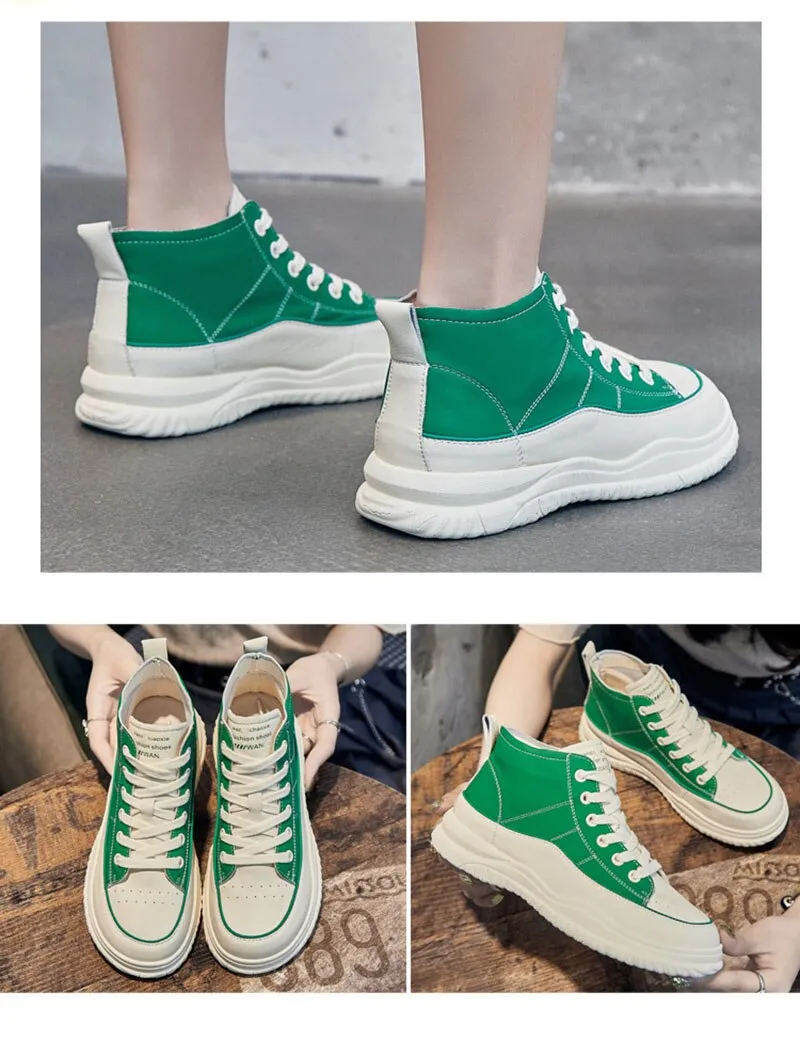 Hnzxzm 100% Genuine Leather Shoes Women Sneakers High top Woman Casual Shoes Thick Sole Black White Green Soft Cow Leather Shoes A4755