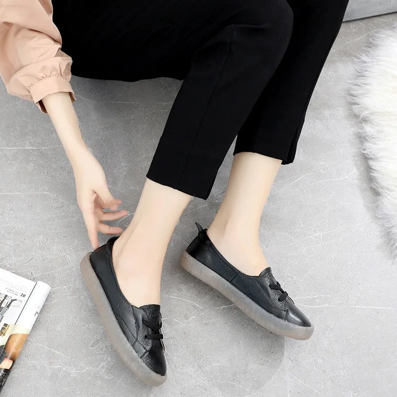 Hnzxzm Spring Autumn Shoes Women Loafers Genuine Leather Shoes Soft Comfortable Women Casual Shoes Black White A4349