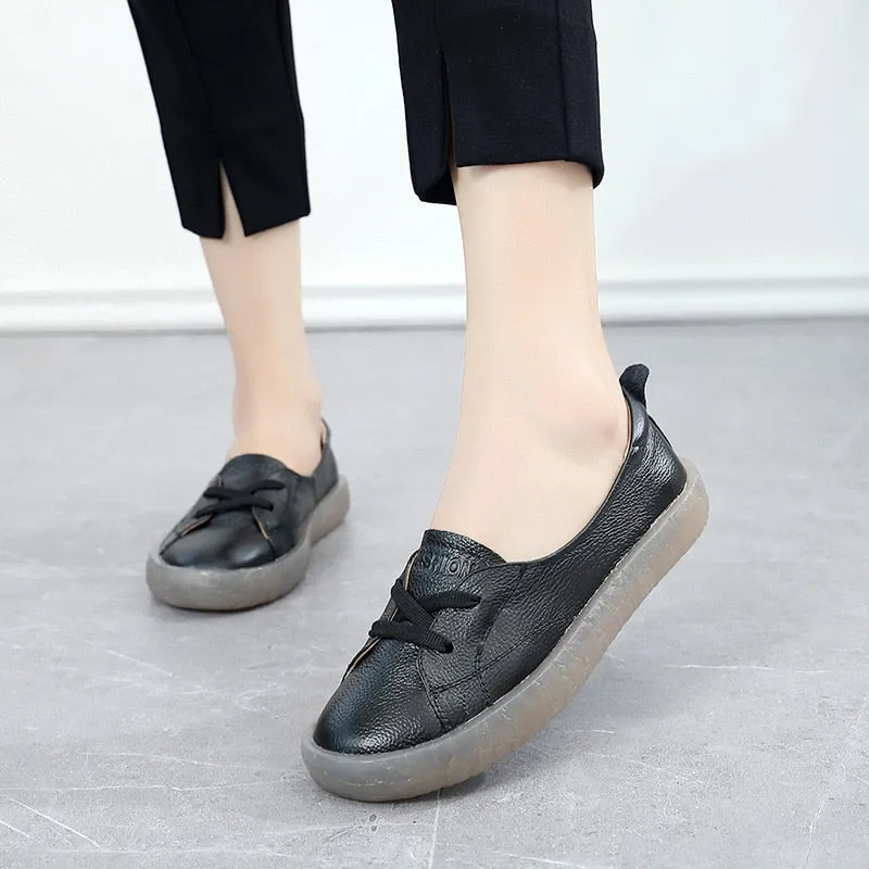 Hnzxzm Spring Autumn Shoes Women Loafers Genuine Leather Shoes Soft Comfortable Women Casual Shoes Black White A4349