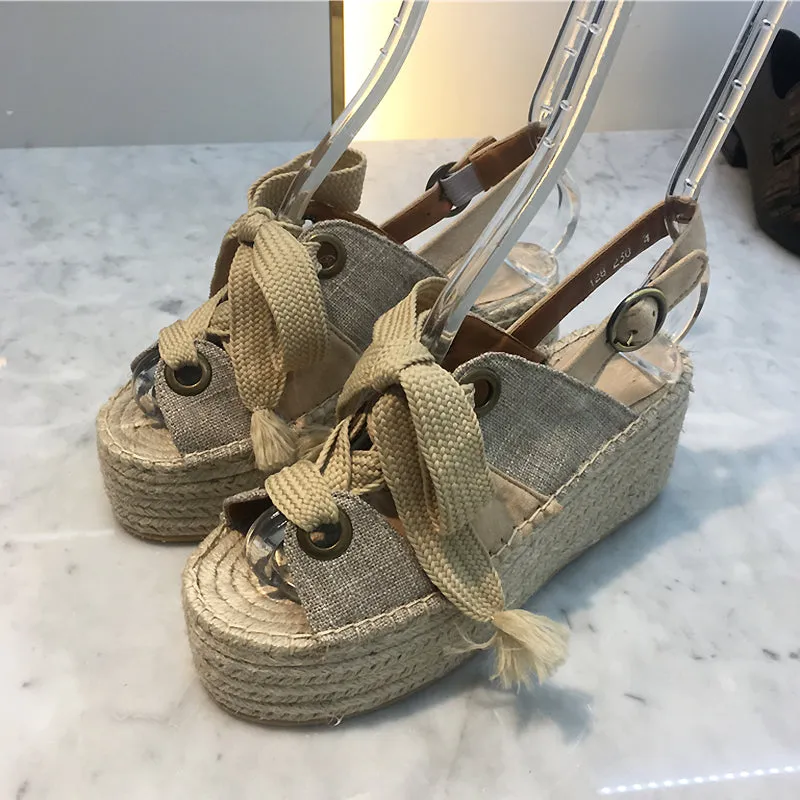 LUXE SEVEN DESIGN LACE UP ESPADRILLE WEDGE SANDALS