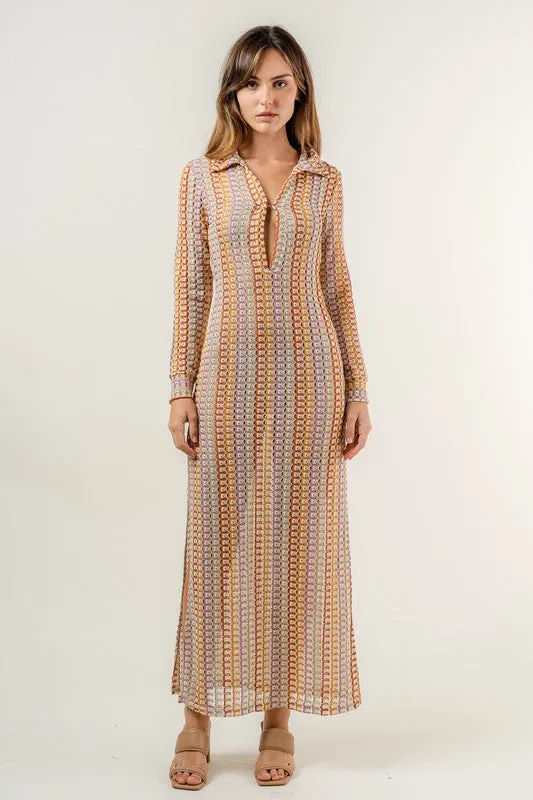 Marrakech 70s Style Rainbow Open Knit Collared Sheer Maxi Dress