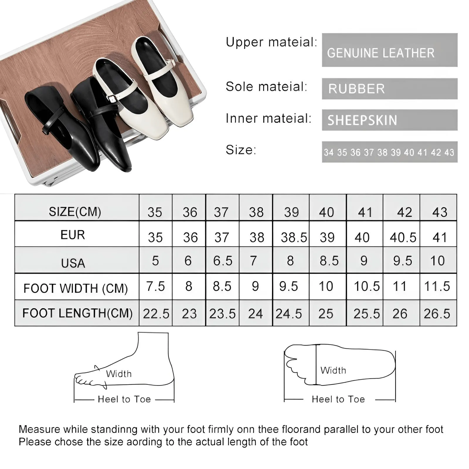 Mary Jane Shoes Women's Genuine Leather Ballet Flats Square Toe Flat Ladies Shoes