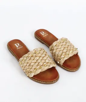 Natural Embellished Flat Raffia Mules