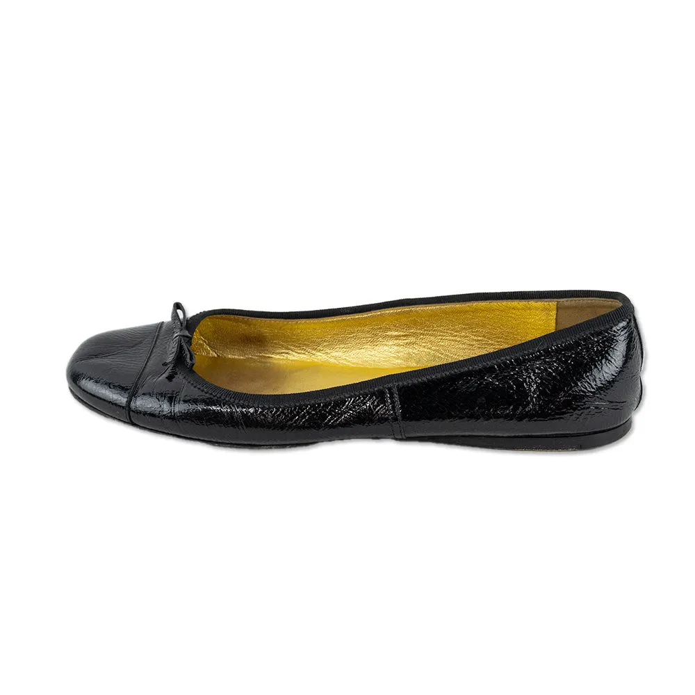 Prada Black Crinkled Patent Leather Bow Ballet Flats