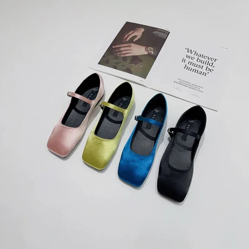 Sohiwoo 2024 Spring/Autumn Flats Mary Jane Shoes Women's Shoes  Senior Silk Satin Ballet Flats Women Shoes Blue Black Green Pink