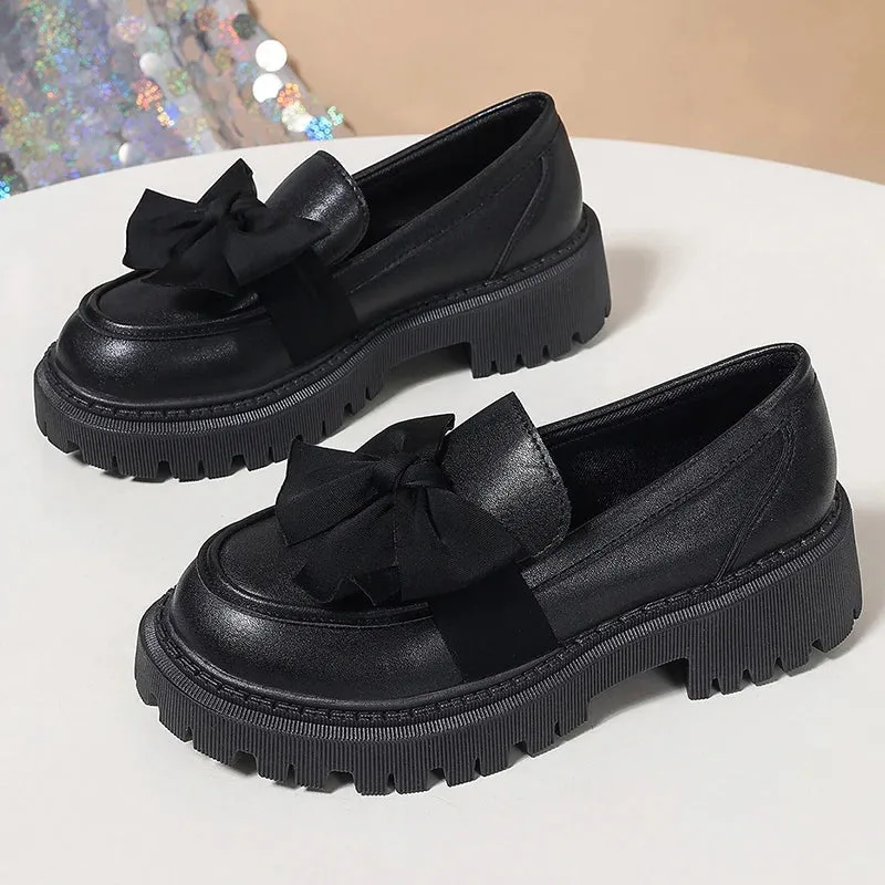 Sohiwoo Spring Bowknot Platform Loafers Women Black Faux Leather Slip On Flats Shoes Woman College Style Thick Sole Dress Shoes Size 42