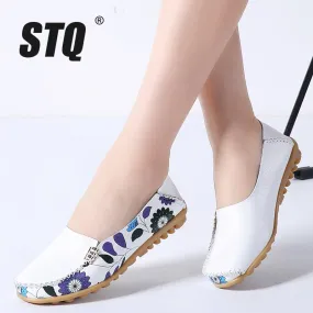 STQ 2019 Spring women flats genuine leather shoes slip on ballet flats ballerines flats woman shoes moccasins loafers shoes 170