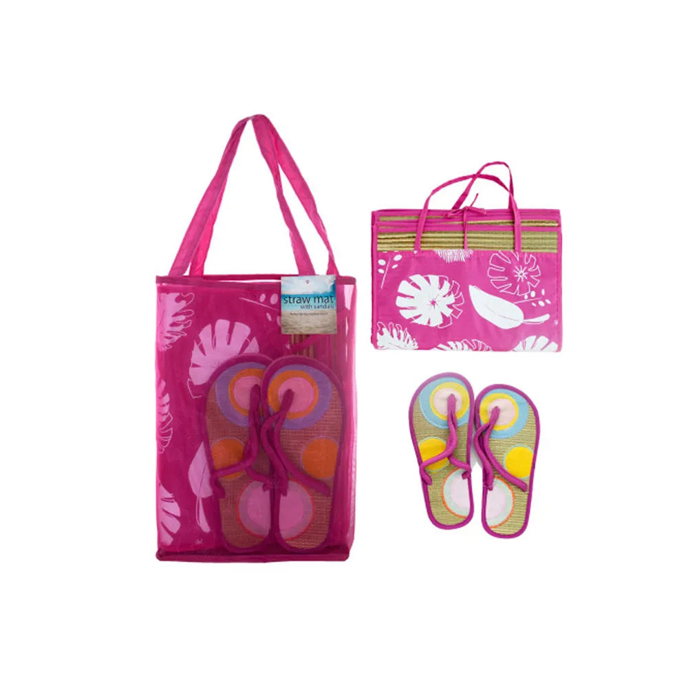 Straw Beach Mat with Sandals in Carrying Bag Set