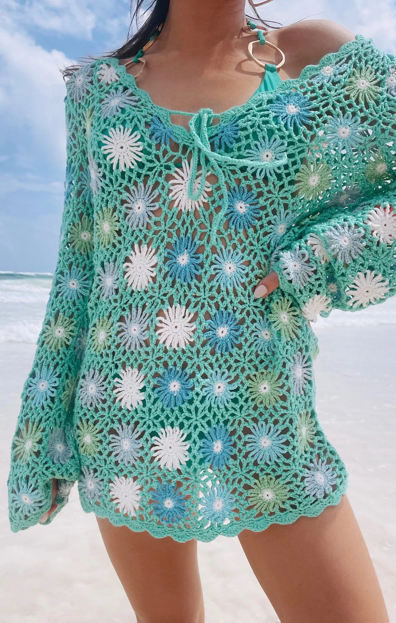 Vacay Mini Coverup ~ Blue Multi Floral Crochet